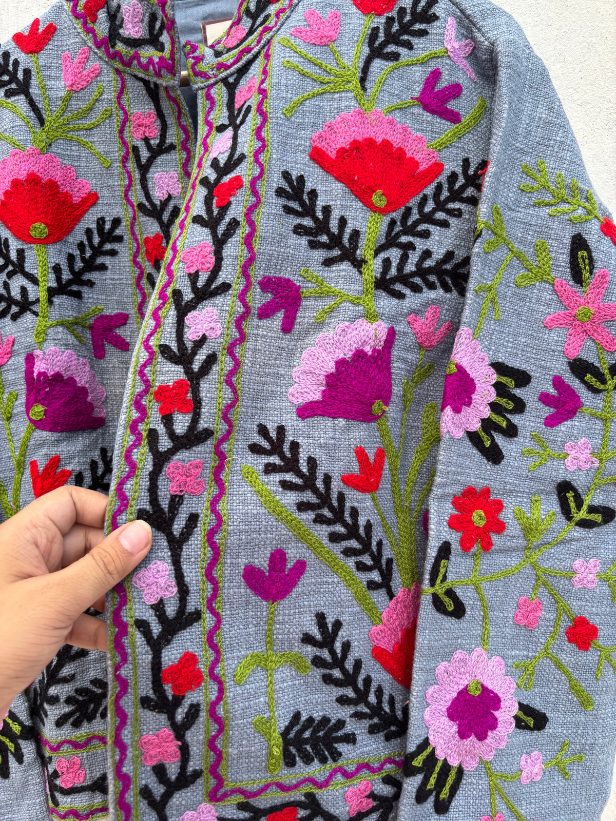 Grey Floral Embroidered Suzani Jacket: 46"