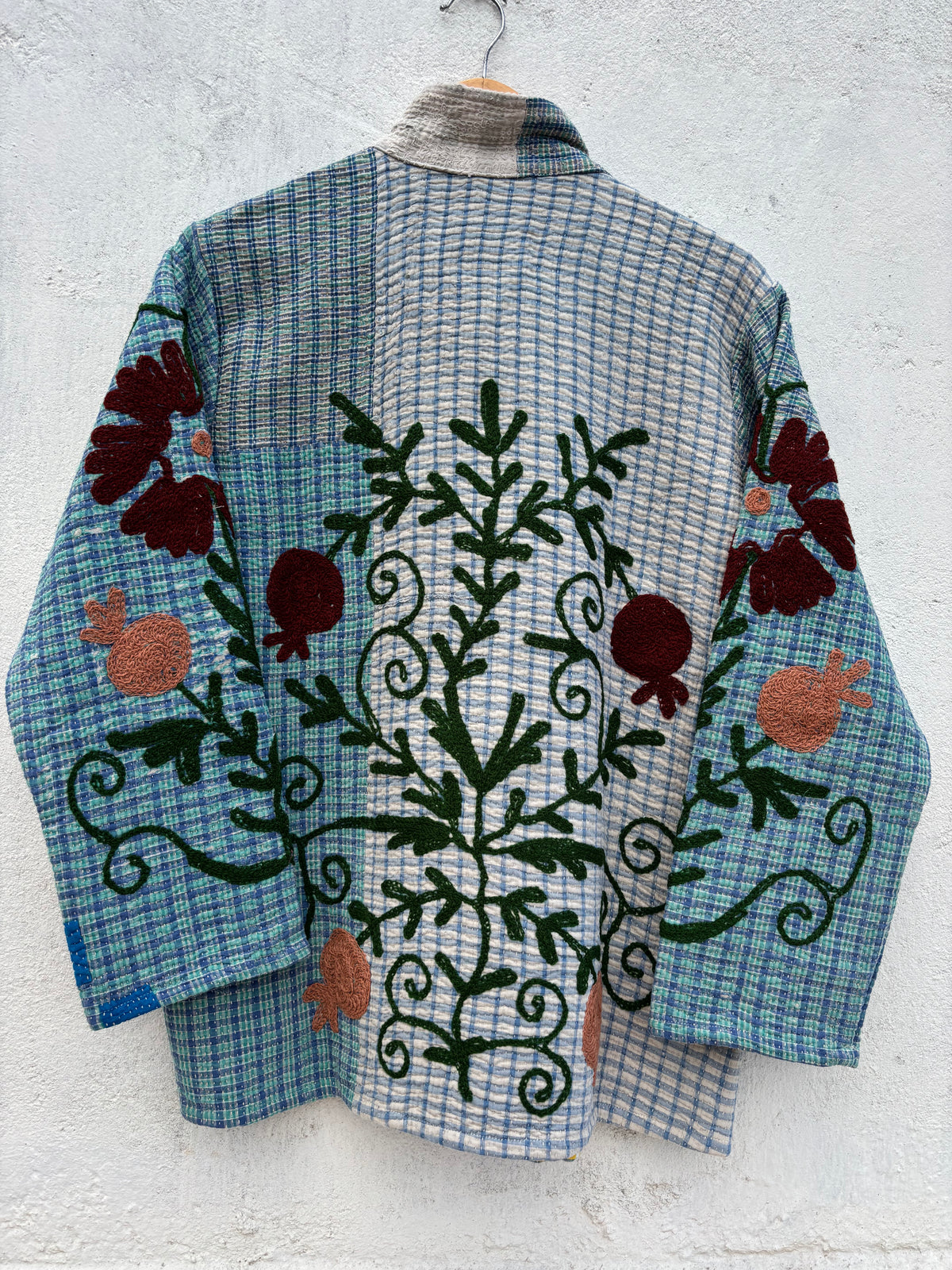 Blue Checkered Anar Motif Kantha Embroidery Jacket: 44"