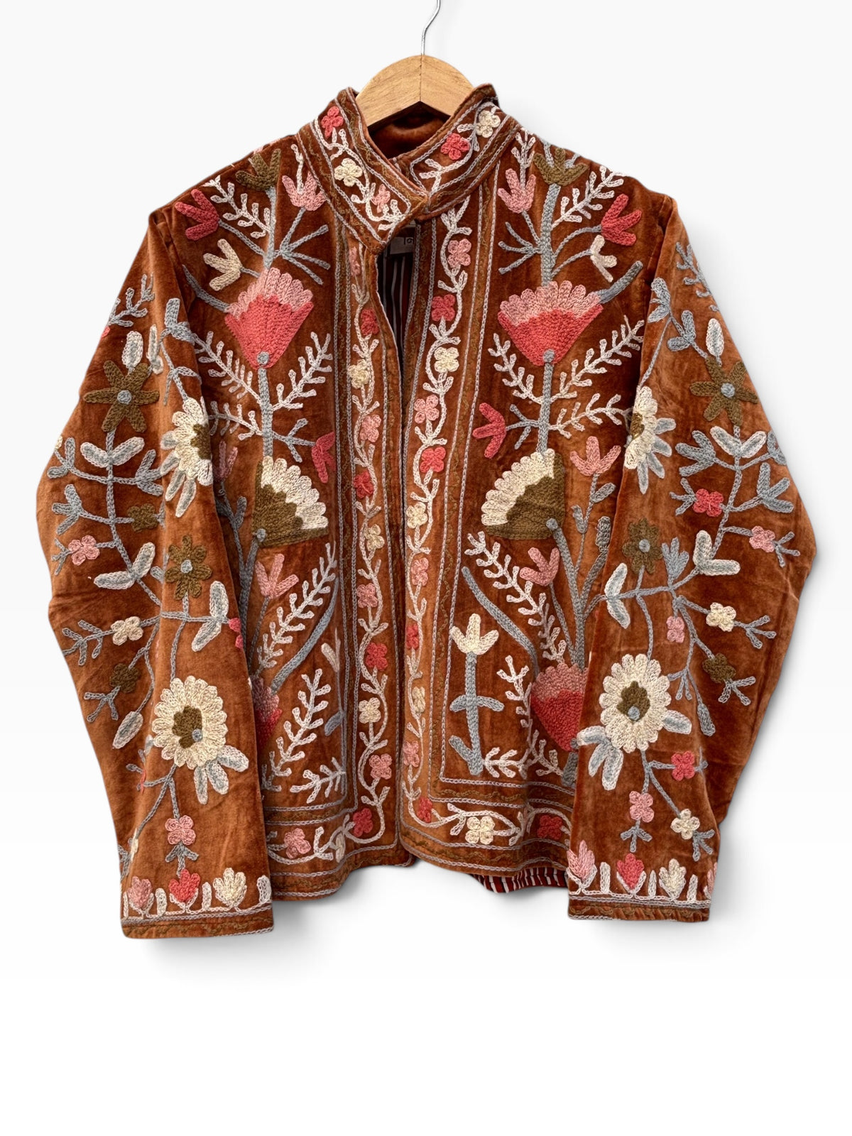 Rust Brown Velvet Suzani Floral Embroidered Jacket: 44"