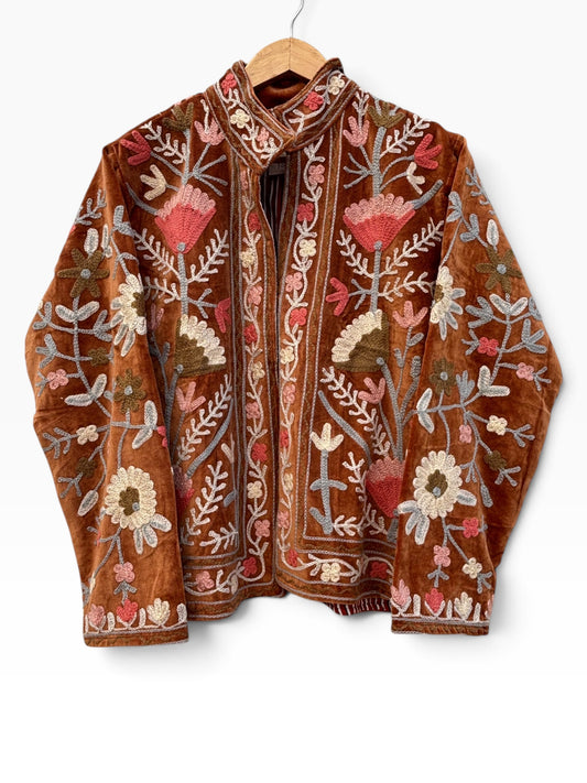 Rust Brown Velvet Suzani Floral Embroidered Jacket: 44"