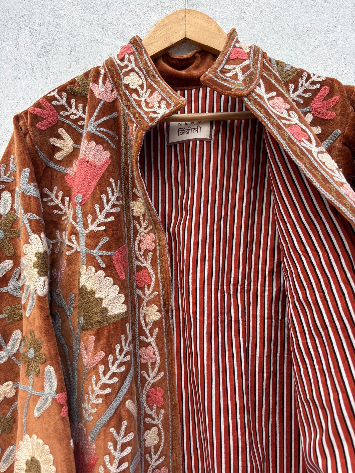 Rust Brown Velvet Suzani Floral Embroidered Jacket: 44"