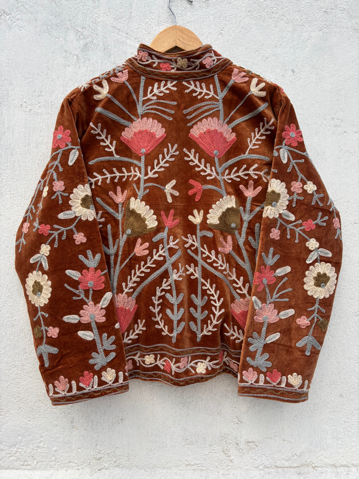 Rust Brown Velvet Suzani Floral Embroidered Jacket: 44"