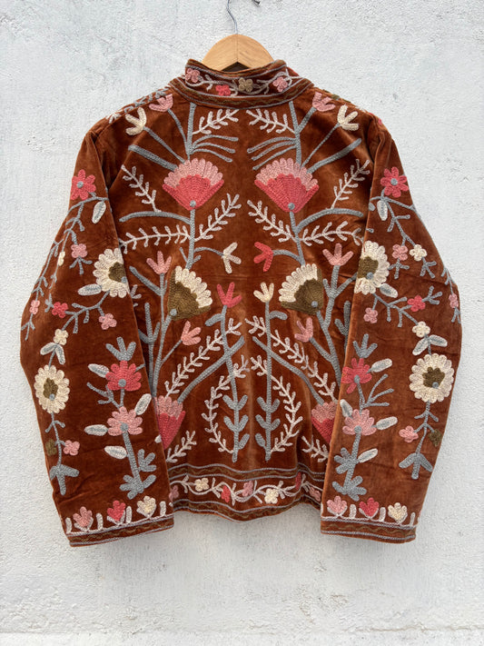 Rust Brown Velvet Suzani Floral Embroidered Jacket: 44"