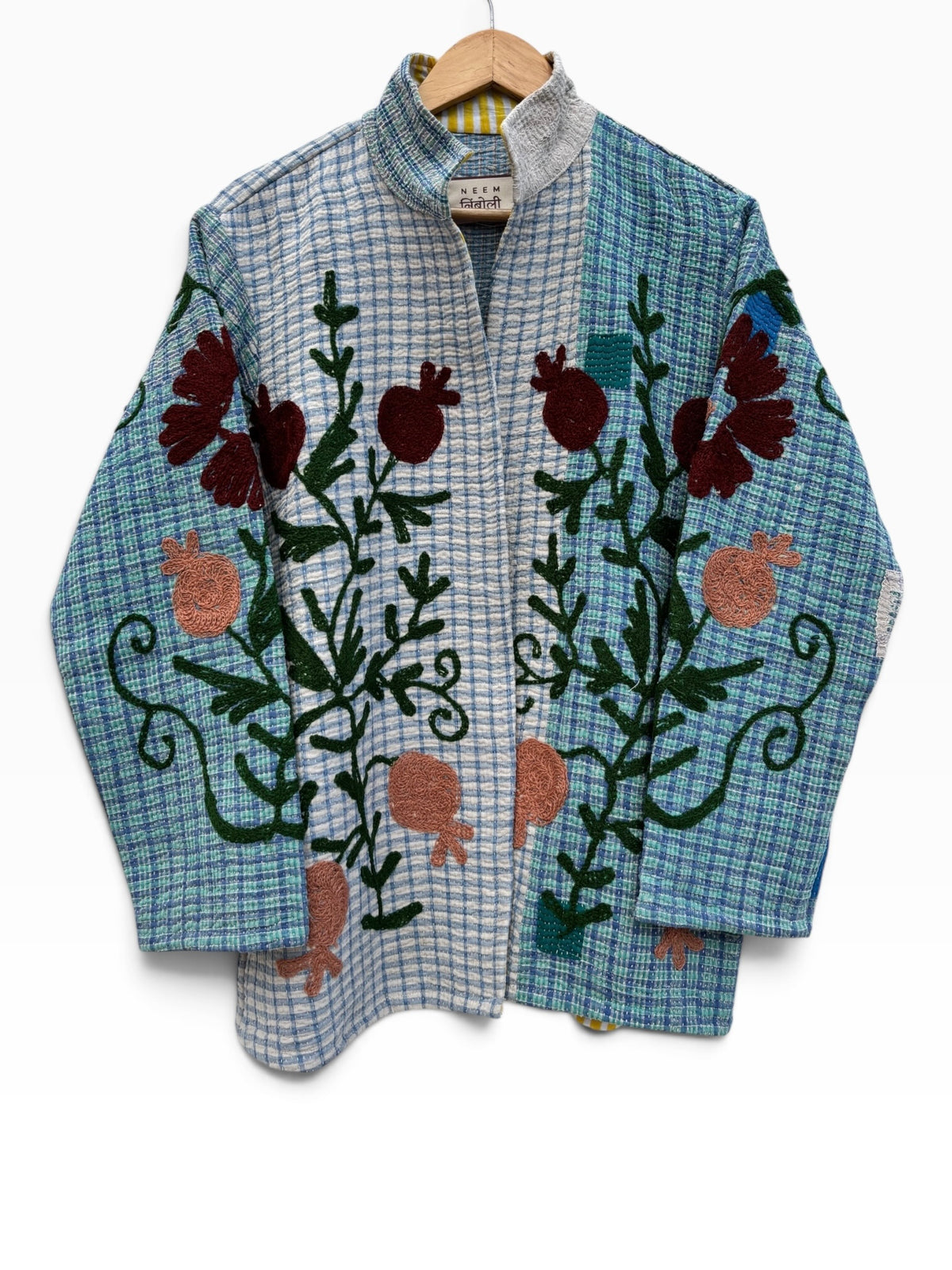 Blue Checkered Anar Motif Kantha Embroidery Jacket: 44"