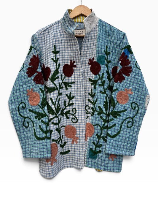 Blue Checkered Anar Motif Kantha Embroidery Jacket: 44"