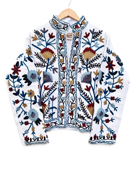 White Floral Suzani Embroidered Jacket
