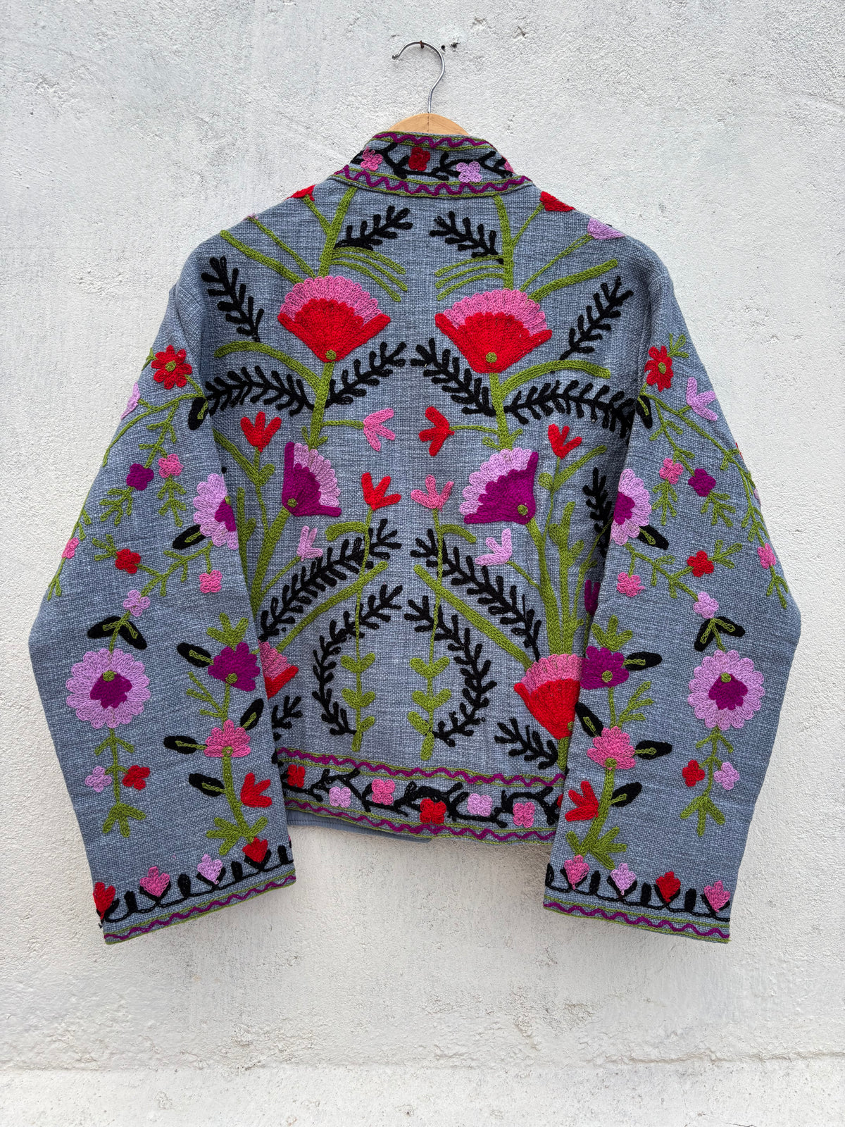 Grey Floral Embroidered Suzani Jacket: 46"