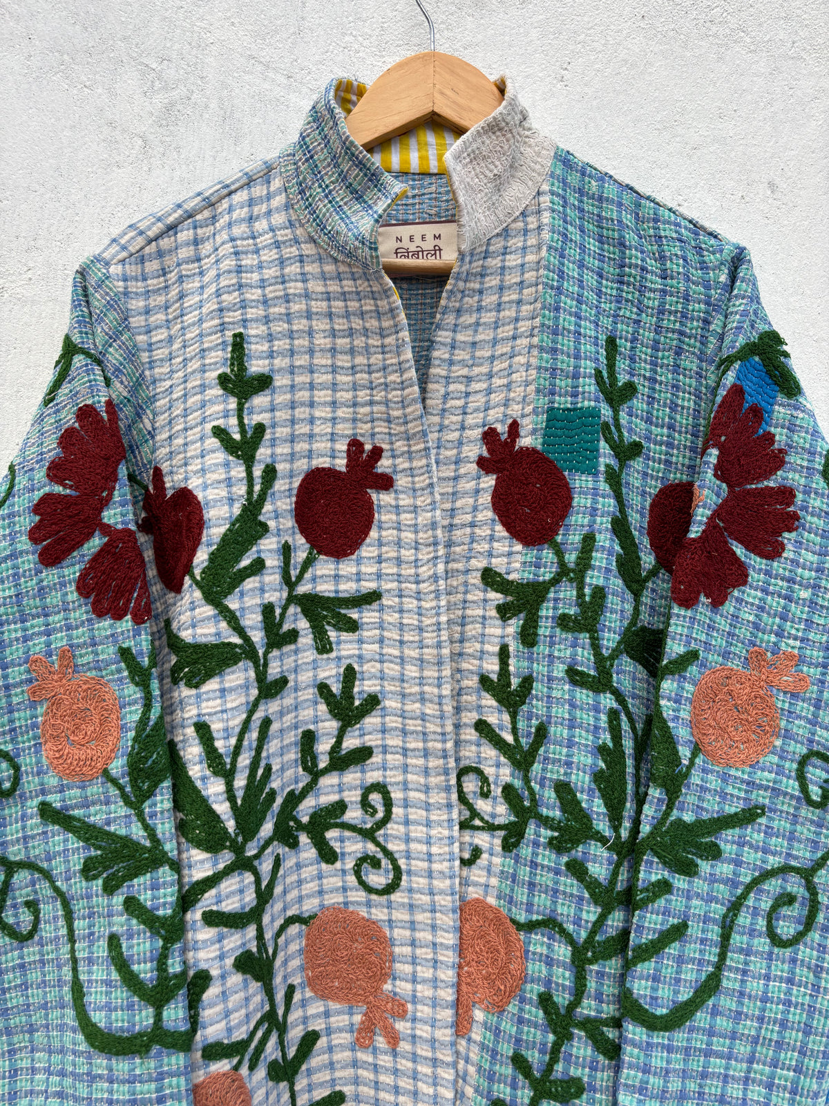 Blue Checkered Anar Motif Kantha Embroidery Jacket: 44"