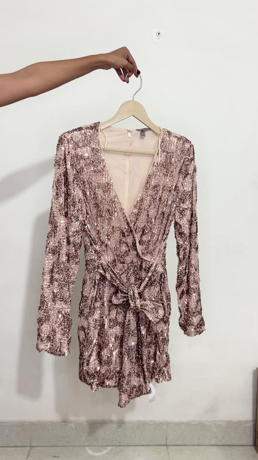 Rose Gold Long Sleeve Sequin Belted Playsuit